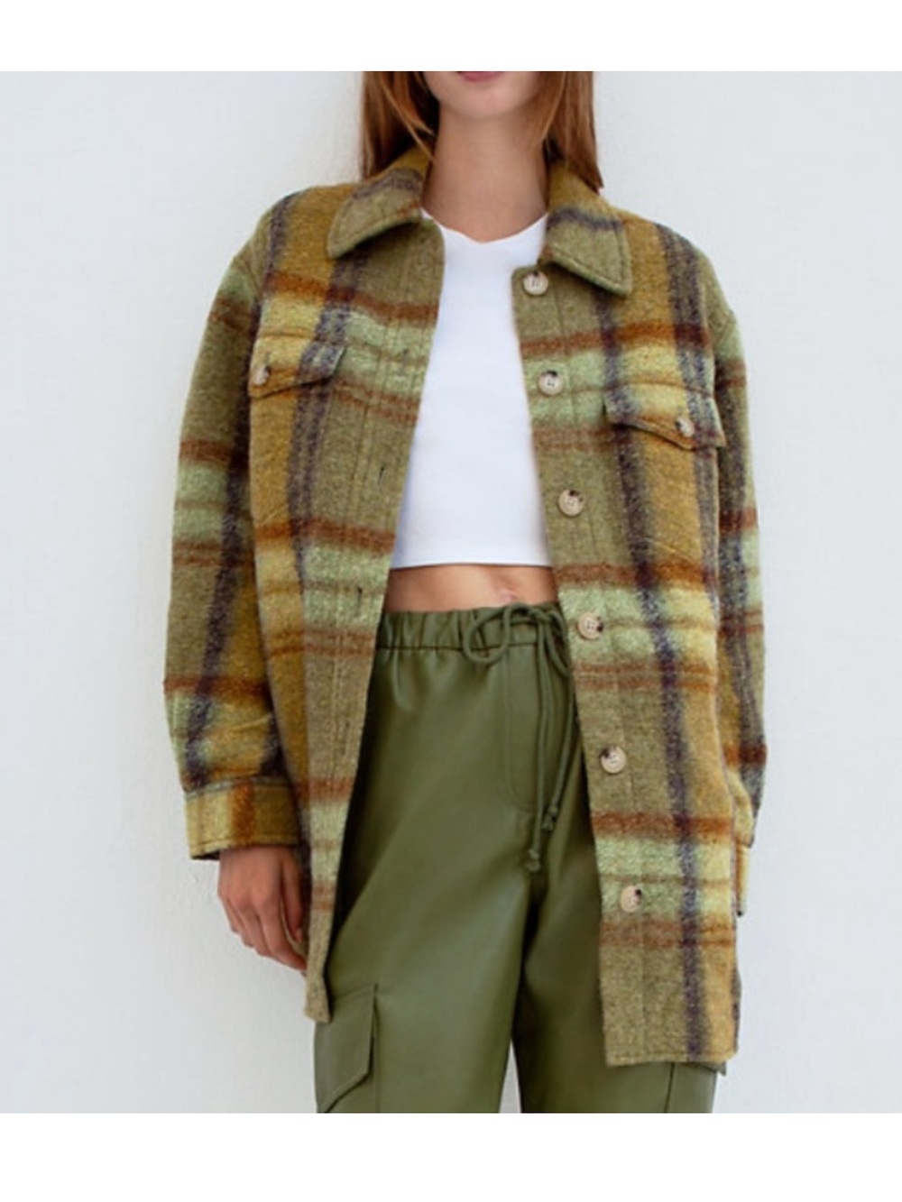 Wilfred Ganna Shirt Jacket Aritzia Plaid Coat Tartan Wool Green Brown Size Small